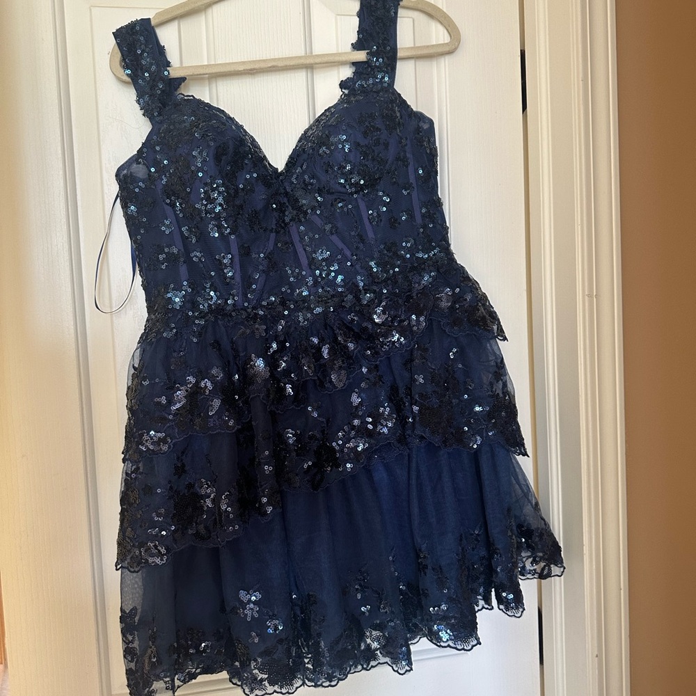 Navy Blue Sequin Hoco Dress